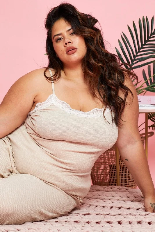 When should I wear flannel pajamas?-Beige Sleeveless Rib Lace Trim