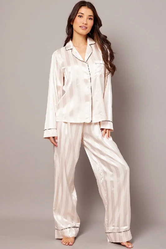 Women's elegant satin sleepwear set luxurious feel -Beige Stripe Pj Set Satin Stripe Contrast Piping Pyjama Women's elegant satin sleepwear set luxurious feel -Beige Stripe Pj Set Satin Stripe Contrast Piping Pyjama