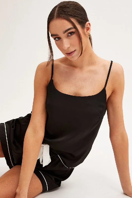 Women's soft cotton sleepwear that lasts long -Black Pyjamas Set Scoop Neck Cami Top & Shorts Satin Women's soft cotton sleepwear that lasts long -Black Pyjamas Set Scoop Neck Cami Top & Shorts Satin