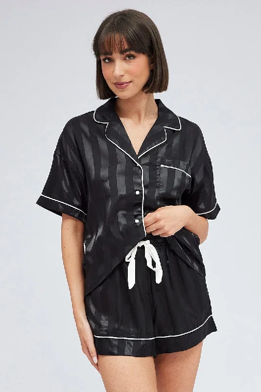 Where can I find unique designs in women's sleepwear?-Black Stripe Pyjama Set Jacquard Stripe Satin Piping PJ