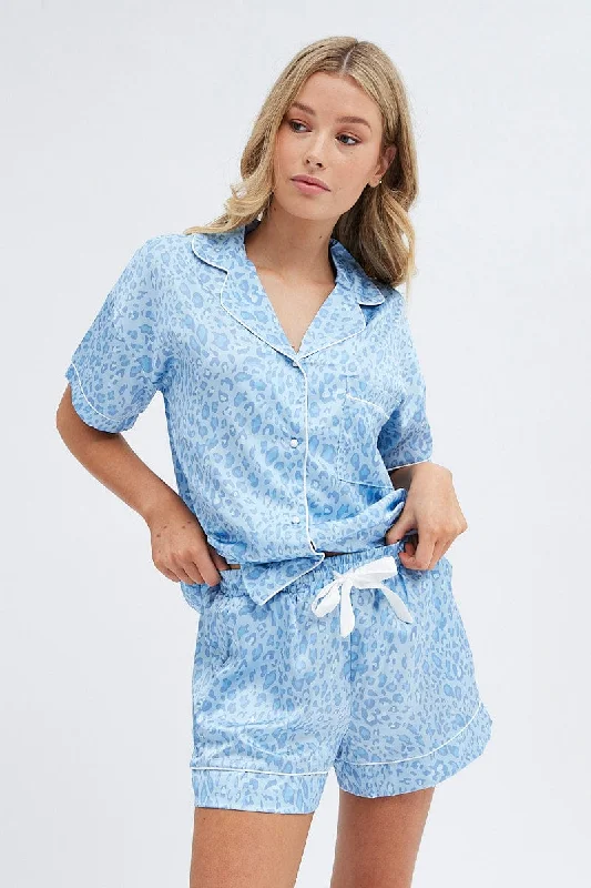 Why are cotton pajamas so popular?-Blue Animal Print Satin Pj Blue Leopard Contrast Piping Pyjama Set Why are cotton pajamas so popular?-Blue Animal Print Satin Pj Blue Leopard Contrast Piping Pyjama Set