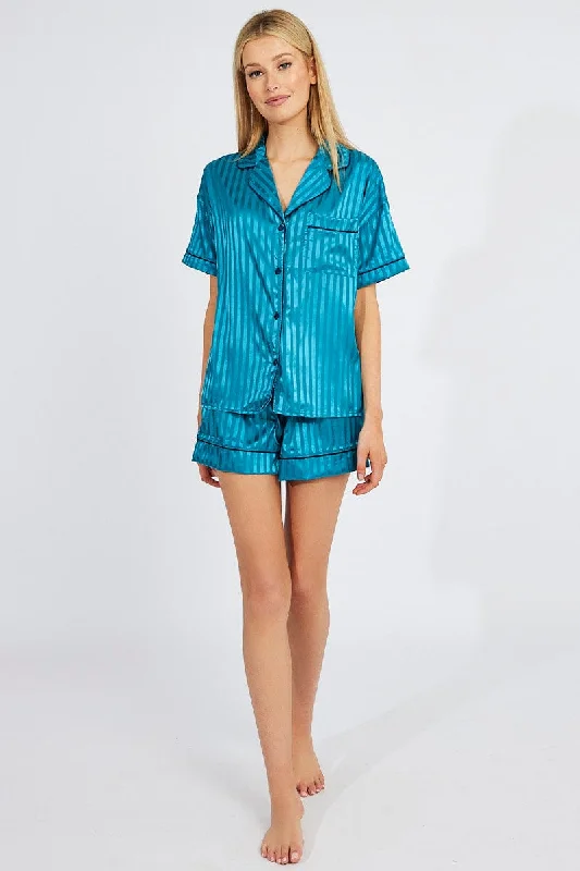 Nursing friendly PJs that offer easy access during breastfeeding -Blue Stripe Pyjama Set Stripe Satin Jacquard Navy Piping PJ Nursing friendly PJs that offer easy access during breastfeeding -Blue Stripe Pyjama Set Stripe Satin Jacquard Navy Piping PJ