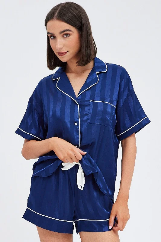 Matching family pajamas for holiday celebrations fun-Blue Stripe Satin Pj Jacquard Stripe Piping Pyjama Set Matching family pajamas for holiday celebrations fun-Blue Stripe Satin Pj Jacquard Stripe Piping Pyjama Set