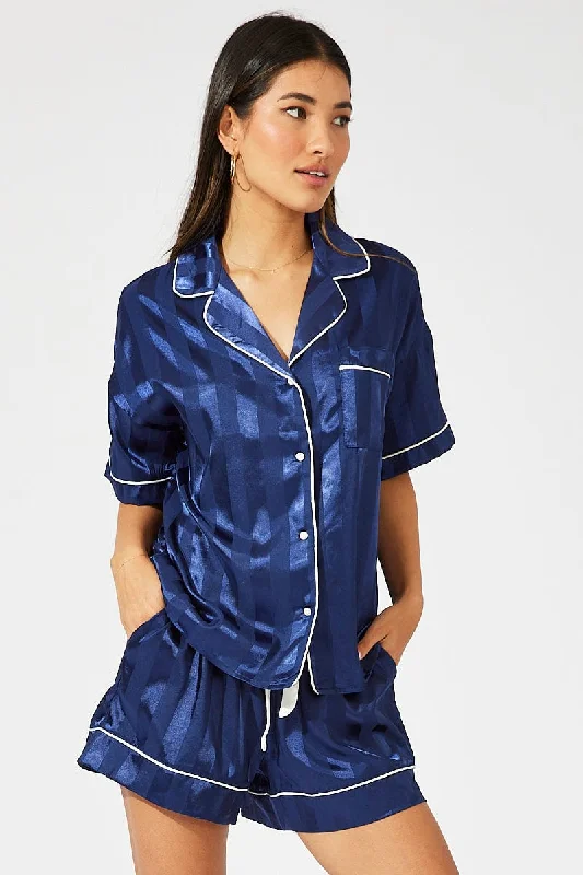 Cute prints and patterns in women's pajamas trendy -Blue Stripe Satin Stripe Pj Contrast Piping Pyjama Set