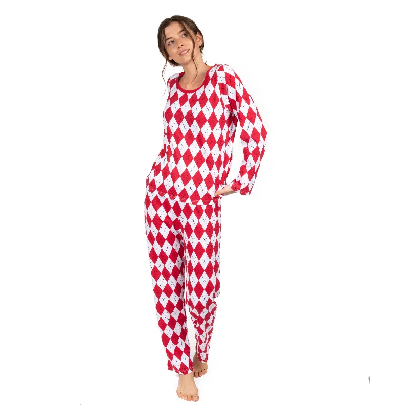 Women's long sleeve flannel pajamas warm winter comfort -Christmas Womens Two Piece Cotton Loose Fit Pajamas Argyle