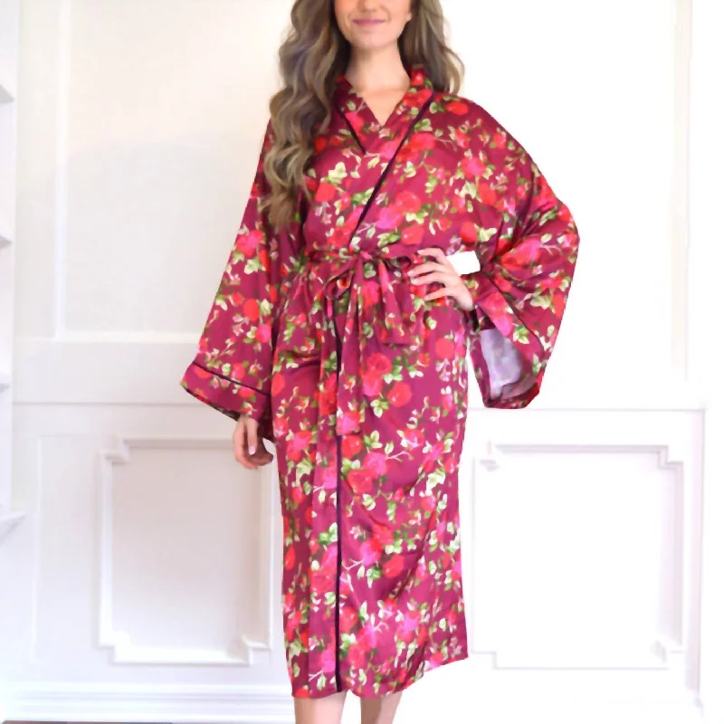 Goth style womens pajama sets alternative -Floral Satin Robe In Burgundy