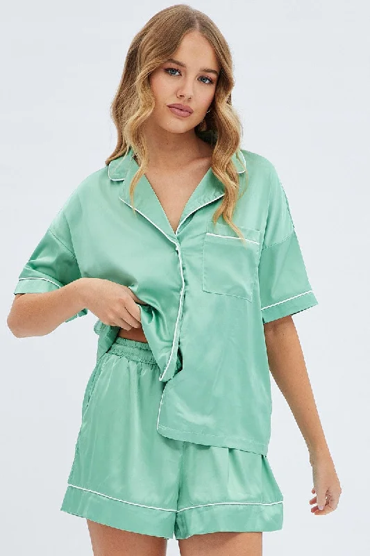 Women's high-quality sleepwear designed to last long -Green Satin Pj Piping Button Through Pyjama Set Women's high-quality sleepwear designed to last long -Green Satin Pj Piping Button Through Pyjama Set