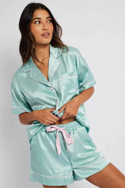 Womens short sleeve pajama sets for warm weather -Green Stripe Satin Pj Jacquard Stripe Piping Pyjama Set Womens short sleeve pajama sets for warm weather -Green Stripe Satin Pj Jacquard Stripe Piping Pyjama Set