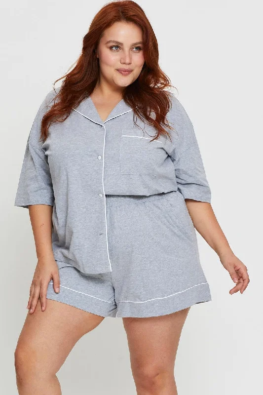 Women's trendy loungewear set perfect for relaxing -Grey Jersey Contrast Piping Pj Pyjama Set Women's trendy loungewear set perfect for relaxing -Grey Jersey Contrast Piping Pj Pyjama Set