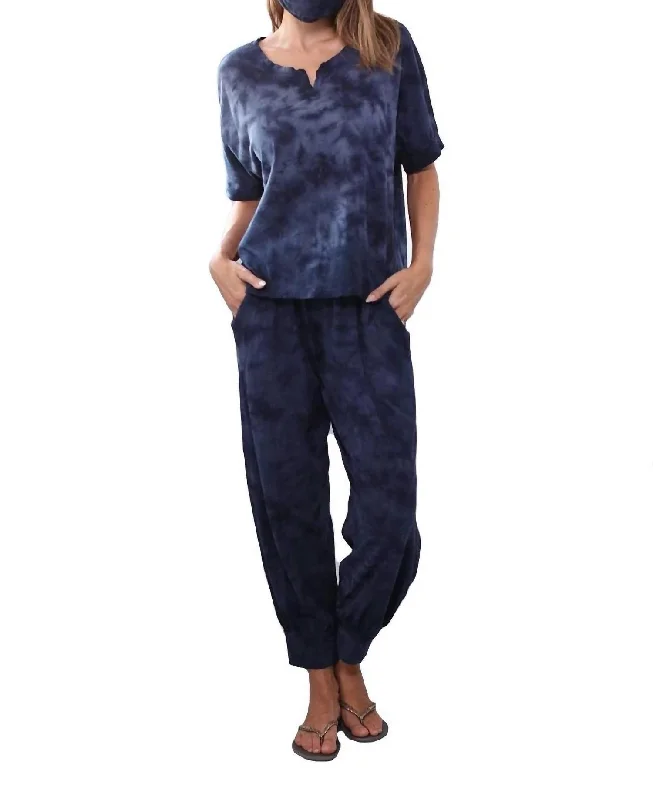 Womens pajama sets with button down top classic -Jojo Cherry Cotton Jogger Paired With Short Sleeve T Shirt Set In Tie Dye Navy Womens pajama sets with button down top classic -Jojo Cherry Cotton Jogger Paired With Short Sleeve T Shirt Set In Tie Dye Navy