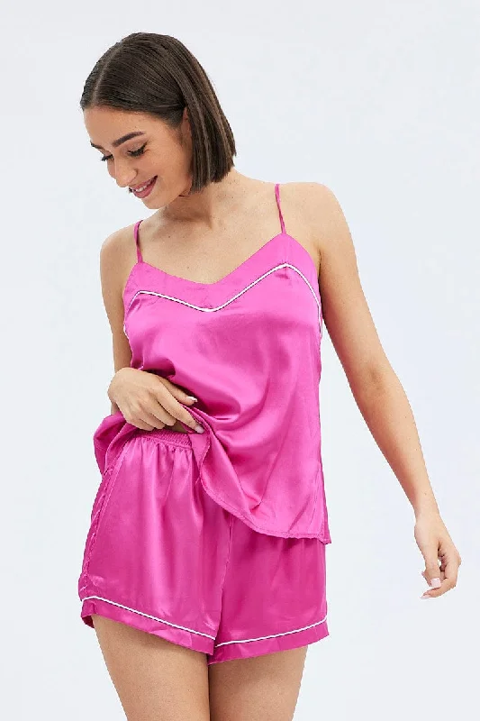 Women's vintage style pajamas retro charm -Pink Cami PJ Contrast Piping Satin Pyjama Set Women's vintage style pajamas retro charm -Pink Cami PJ Contrast Piping Satin Pyjama Set