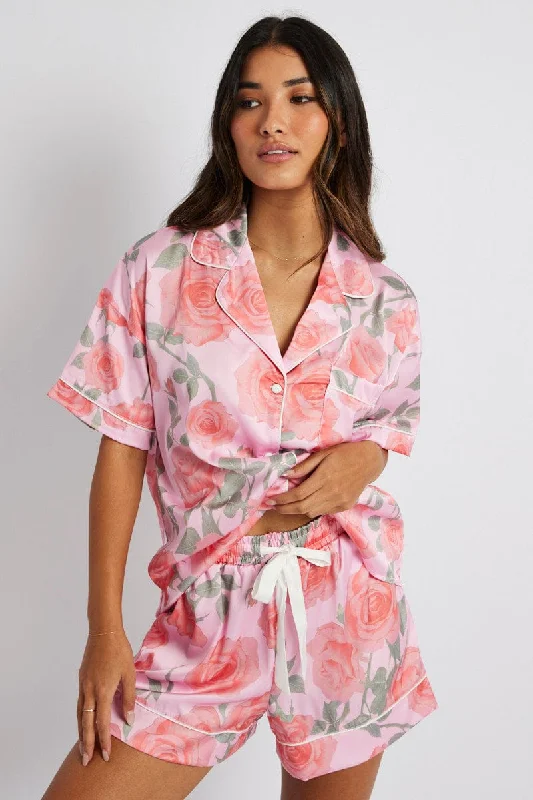 Womens long sleeve pajama sets for cold weather -Pink Floral Pyjama Set Satin Short Sleeve Piping PJ Womens long sleeve pajama sets for cold weather -Pink Floral Pyjama Set Satin Short Sleeve Piping PJ