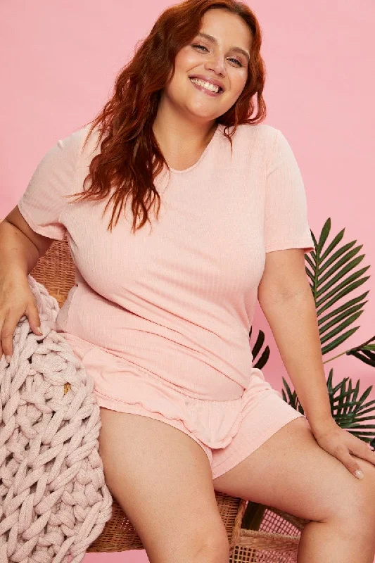 Vintage style womens pajama sets retro -Pink Jersey Pj Ruffle Ribbed Pyjama Set