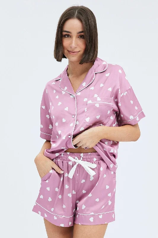 Maternity womens pajama sets for expecting mothers -Pink Polka Dot Pink Satin Hearts Contrast Piping Pyjama Set