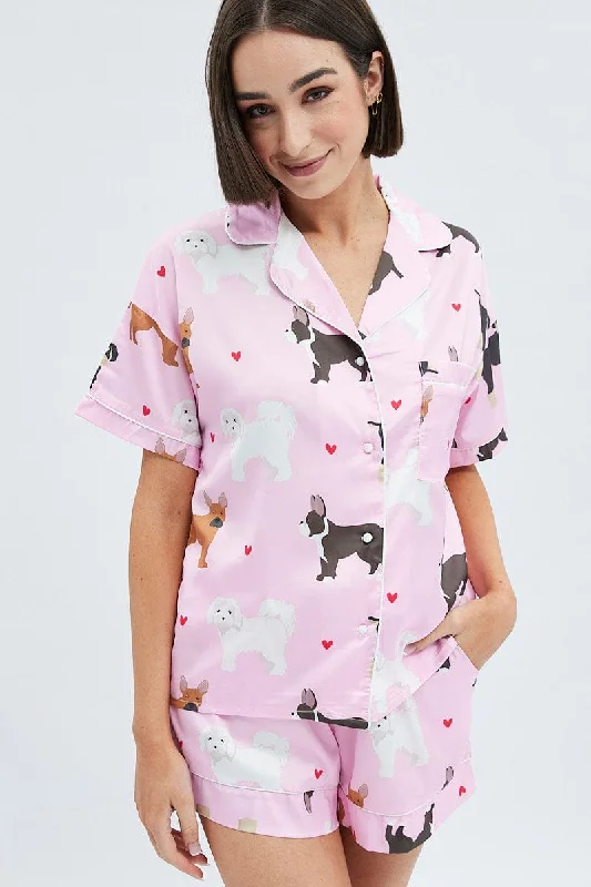 Womens flannel pajama sets for winter cozy -Pink Print Mixed Dogs Pj Satin Piping Detail Pyjama Set Womens flannel pajama sets for winter cozy -Pink Print Mixed Dogs Pj Satin Piping Detail Pyjama Set