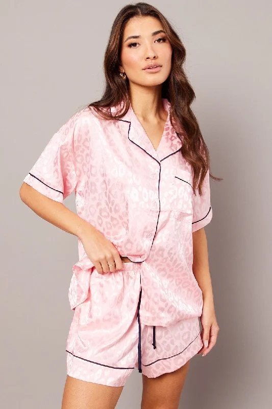 Women's affordable matching family pajamas available online -Pink Pyjama Set Leopard Jacquard Piping Satin PJ Women's affordable matching family pajamas available online -Pink Pyjama Set Leopard Jacquard Piping Satin PJ