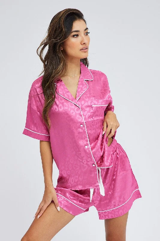 Womens pajama sets with drawstring waist custom fit -Pink Pyjama Set Leopard Jacquard Satin Piping PJ Womens pajama sets with drawstring waist custom fit -Pink Pyjama Set Leopard Jacquard Satin Piping PJ