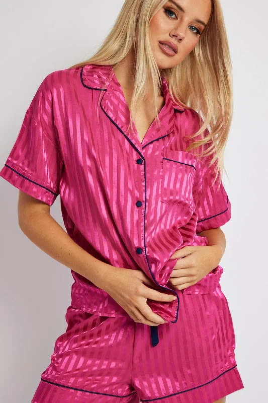 Christmas themed womens pajama sets holiday spirit -Pink Stripe Pyjama Set Stripe Satin Jacquard Navy Piping PJ Christmas themed womens pajama sets holiday spirit -Pink Stripe Pyjama Set Stripe Satin Jacquard Navy Piping PJ