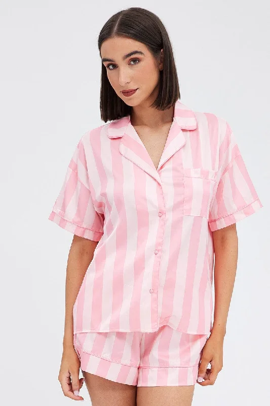 Comfortable and chic women's pajamas for lounging at home -Pink Stripe Satin Pj Pink Stripe Piping Pyjama Set Comfortable and chic women's pajamas for lounging at home -Pink Stripe Satin Pj Pink Stripe Piping Pyjama Set