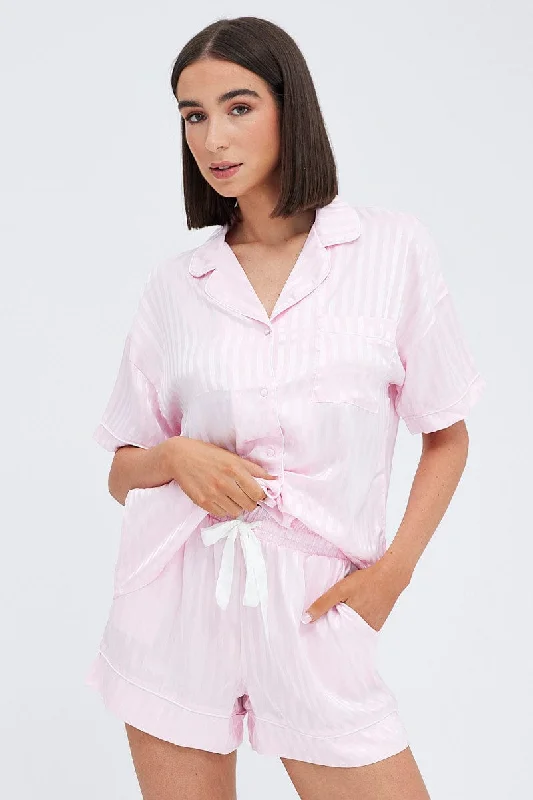 Christmas themed womens pajama sets holiday spirit -Pink Stripe Satin Stripe Pj Piping Button Through Pyjama Set Christmas themed womens pajama sets holiday spirit -Pink Stripe Satin Stripe Pj Piping Button Through Pyjama Set