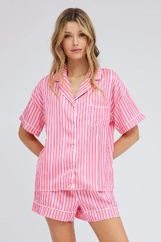 Women's pajama sets with free shipping code -Pink Stripe Stripe PJ Satin Contrast Piping Pyjama Set Women's pajama sets with free shipping code -Pink Stripe Stripe PJ Satin Contrast Piping Pyjama Set