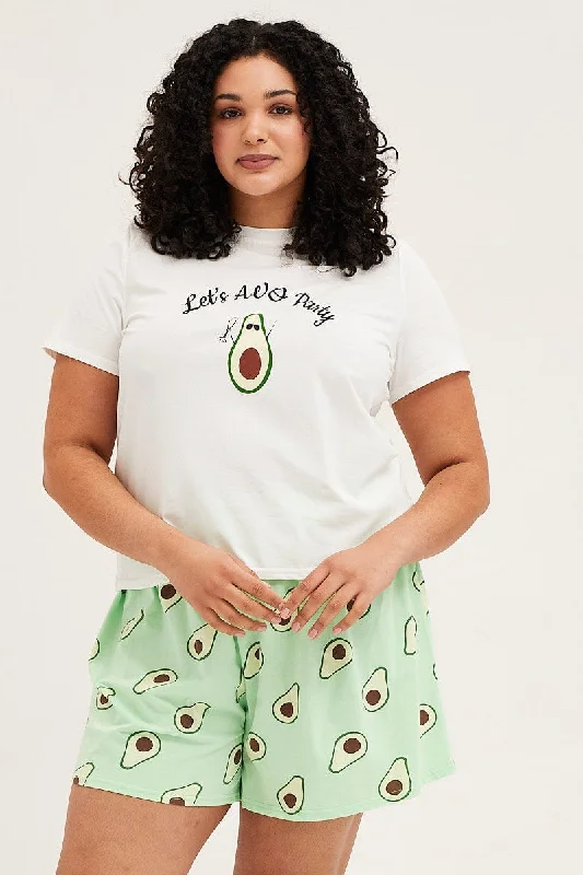 Breathable fabric women's pajamas for hot sleepers -Placement Avocado Cotton Short Sleeve Top & Shorts Pj Set Breathable fabric women's pajamas for hot sleepers -Placement Avocado Cotton Short Sleeve Top & Shorts Pj Set