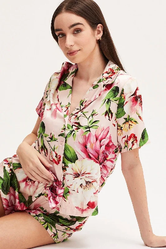 What are the best fabrics for women's pajamas?-Print Satin Pajamas Set Short Sleeve