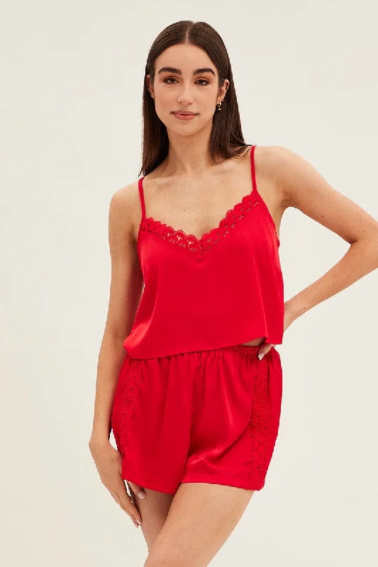 Which style of women's pajamas is best for summer?-Red Pyjamas Set Sleeveless Cami Shorts Satin Which style of women's pajamas is best for summer?-Red Pyjamas Set Sleeveless Cami Shorts Satin