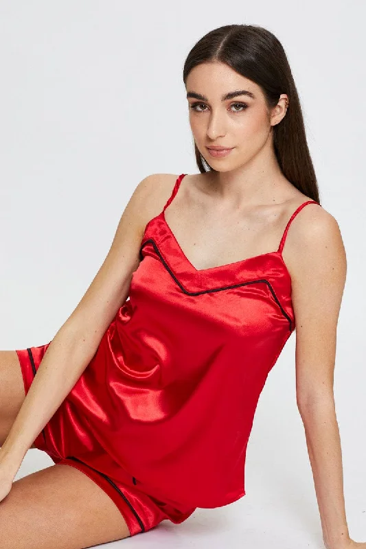 Womens pajama sets with pockets for convenience -Red Satin Pajamas Set Sleeveless