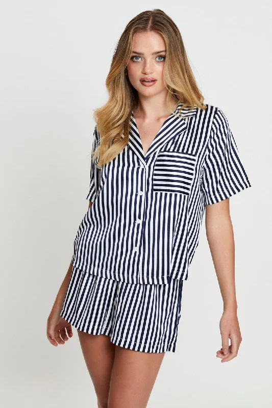 Luxury womens pajama sets designer brand -Stripe Satin Pajamas Set Short Sleeve