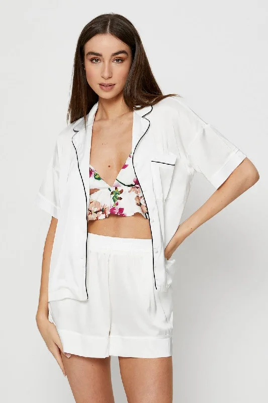 Cozy womens loungewear and sleepwear set -White Contrast Piping Pyjamas Set Satin