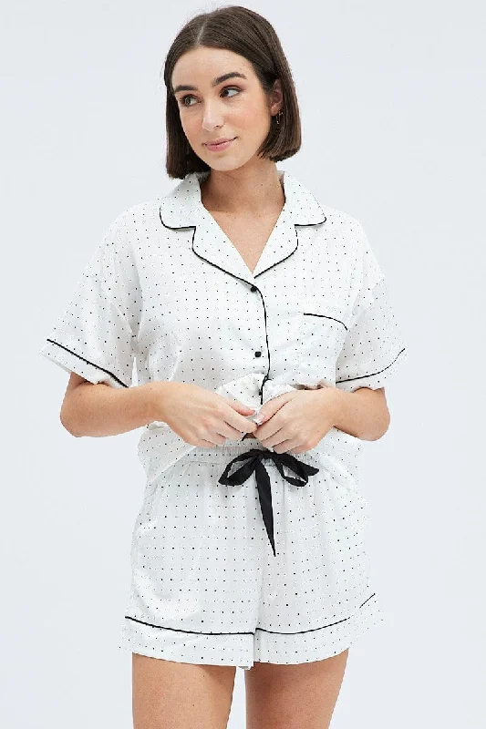 Comfortable loungewear and pajama sets for women -White Polka Dot Polka Pj Contrast Piping Satin Pyjama Set Comfortable loungewear and pajama sets for women -White Polka Dot Polka Pj Contrast Piping Satin Pyjama Set