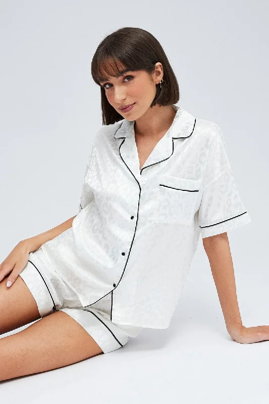 Womens long sleeve pajama sets for cold weather -White Pyjama Set Leopard Satin Jacquard Piping PJ Womens long sleeve pajama sets for cold weather -White Pyjama Set Leopard Satin Jacquard Piping PJ