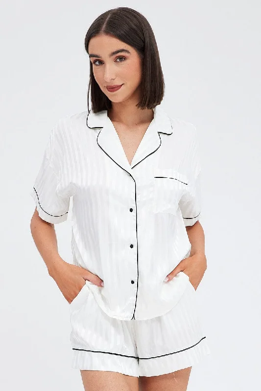Womens Christmas pajama sets for holiday cheer -White Stripe Satin Pj Jacquard Stripe Piping Pyjama Set Womens Christmas pajama sets for holiday cheer -White Stripe Satin Pj Jacquard Stripe Piping Pyjama Set