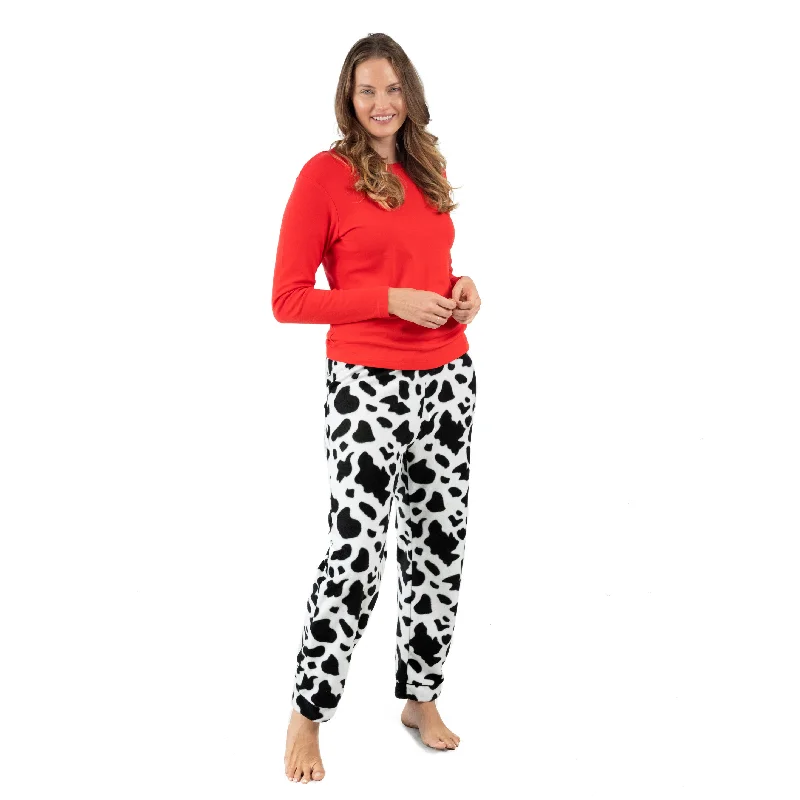 Womens pajama sets with button down top classic -Womens Cotton Top and Fleece Pant Pajamas Cow Black Womens pajama sets with button down top classic -Womens Cotton Top and Fleece Pant Pajamas Cow Black