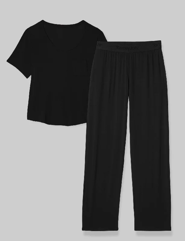 Elegant satin women's pajamas with lace trim stylish -Women's Second Skin Sleep Pocket Tee & Pant Set Elegant satin women's pajamas with lace trim stylish -Women's Second Skin Sleep Pocket Tee & Pant Set