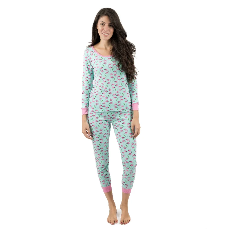Elegant satin women's pajamas with lace trim stylish -Womens Two Piece Cotton Pajamas Flamingo