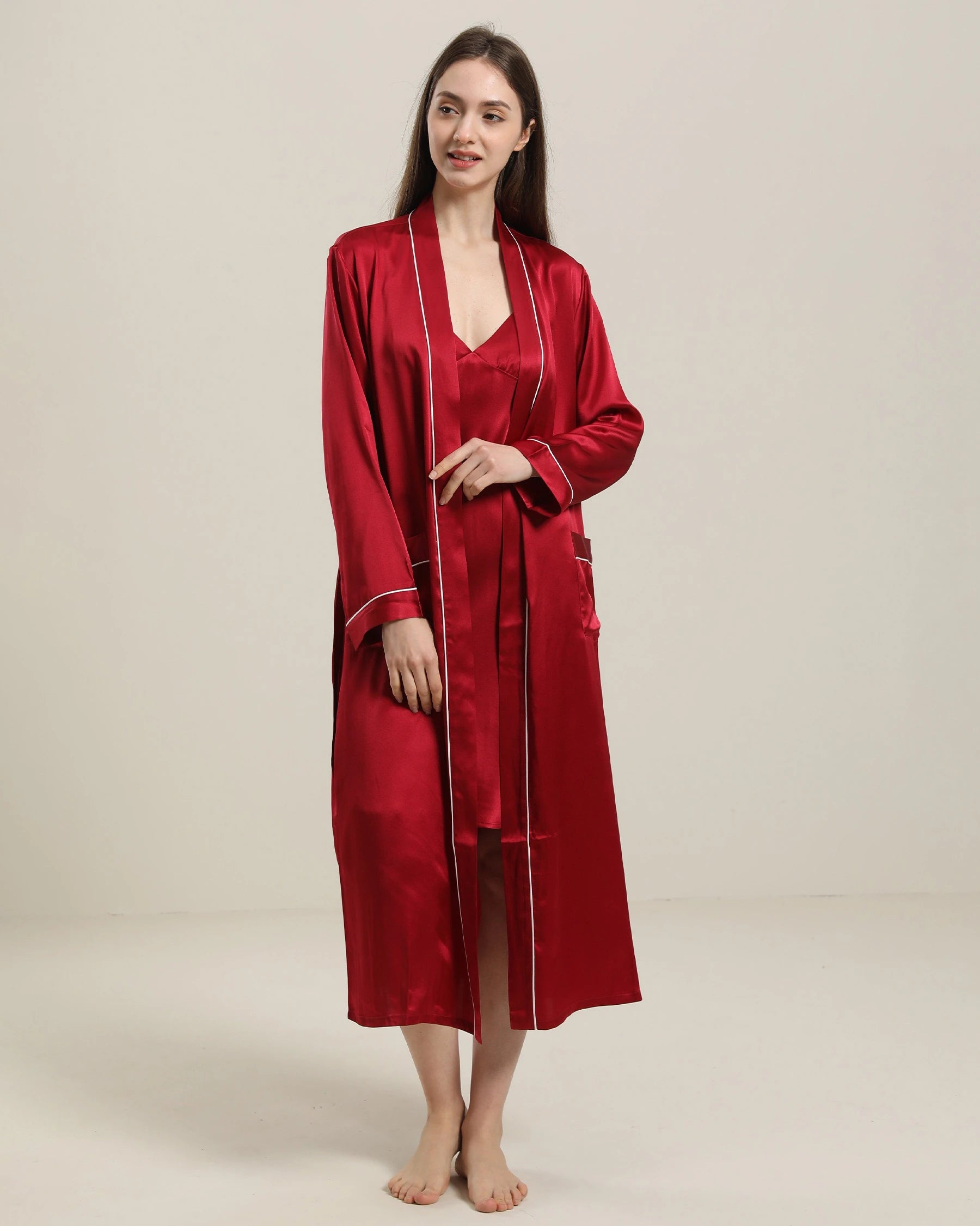 Womens robe sets that are absorbent -Washable Pure Color Silk Robe For Women