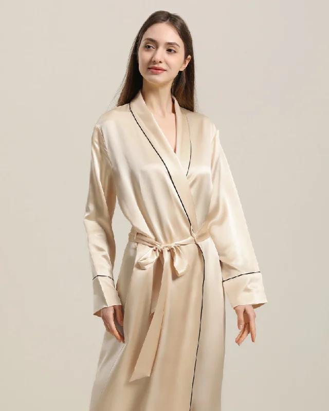 Womens personalized terry robe set gift22 Momme Contra Trim And Full Length Silk Robe