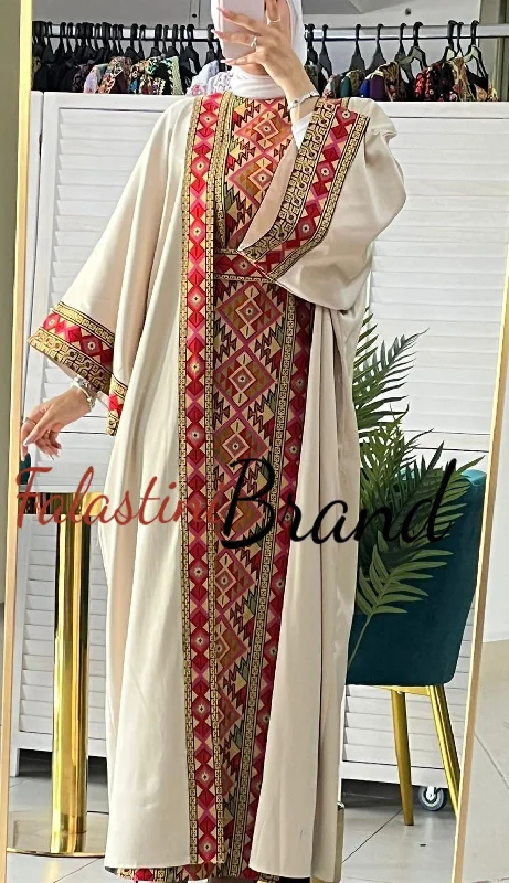 Women's maternity-wear robesBeige Embroidered Satin Dress and Abaya Set with Diamond Unique Embroidery