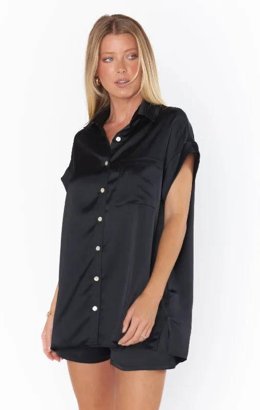 Womens robe sets that are warm -Best Day Button Up ~ Black Luxe Satin