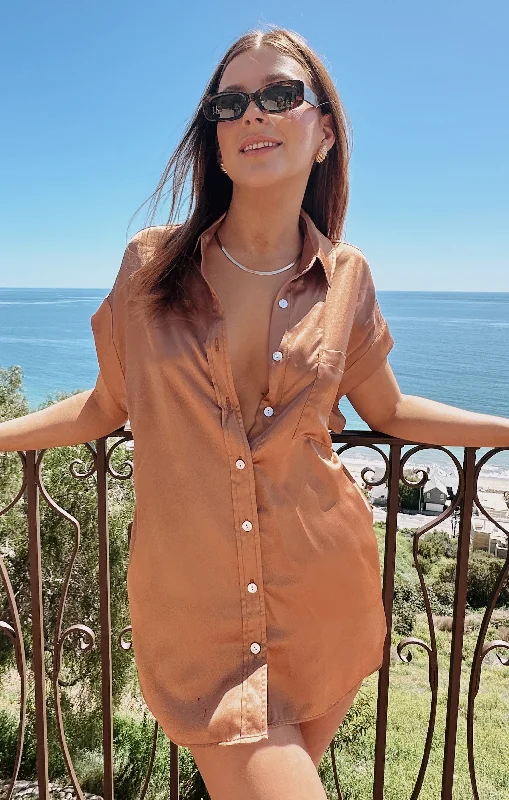Womens robe sets with lace details -Best Day Button Up ~ Copper Luxe Satin