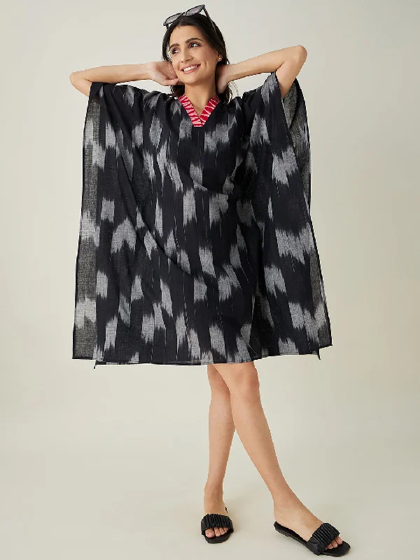 Womens robe sets with long sleeves -Women's Black Handloom Ikat Weave Cotton Kaftan - The Kaftan Company Womens robe sets with long sleeves -Women's Black Handloom Ikat Weave Cotton Kaftan - The Kaftan Company