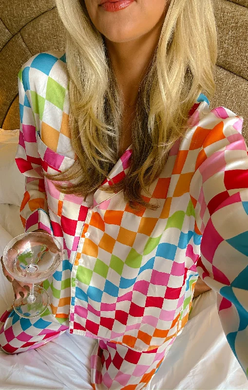 Personalized bath robes for women -Classic PJ Set ~ Multi Checker Silky