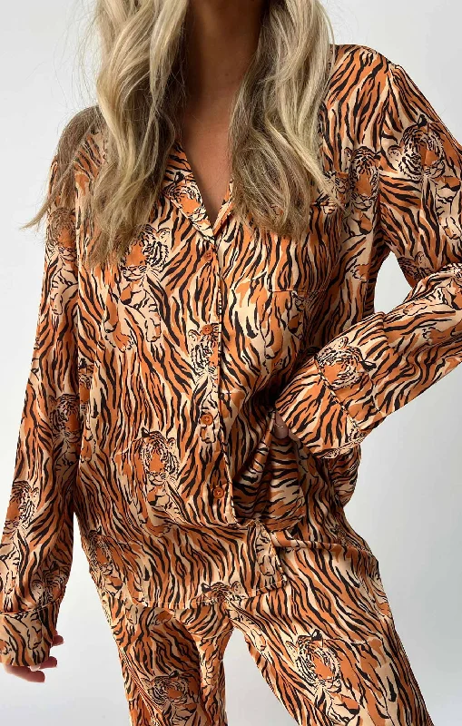 Womens long sleeve robe set winter comfort -Classic PJ Set ~ Royal Tiger Silky