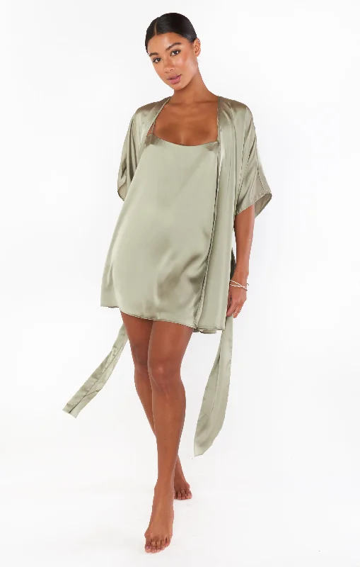 Women's hand-designed prints robesFirst Look Robe ~ Moss Green Luxe Satin