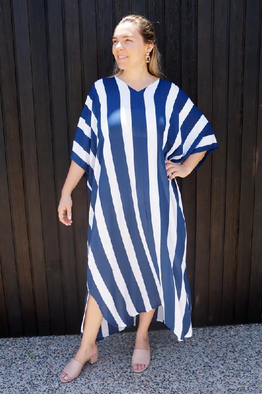 Women's Cooling Robe and Sleepwear With Piping -Long Kaftan Stripes