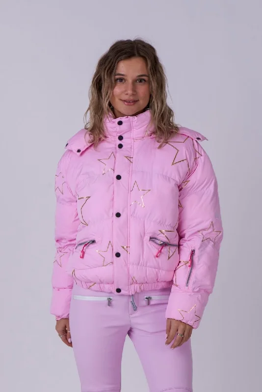 Womens robe sets that are stylish -Chic Puffer Jacket - Pink with Gold Stars