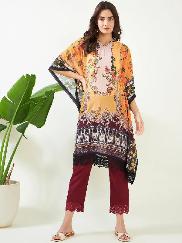 Women's preppy prints robesWomen's Georgette Yellow Kurta - The Kaftan Company