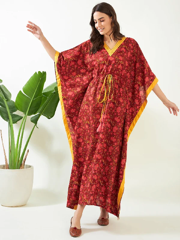 Womens floral print robe set spring fashionWomen's Red Floral Bloom Handblock Cotton Kaftan - The Kaftan Company